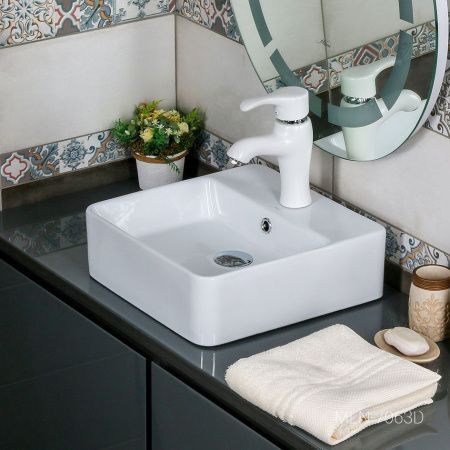 Раковина из сантехнического фарфора Melana 7063D-805 40х40 накладная цвет белый 1 отверстие под смеситель