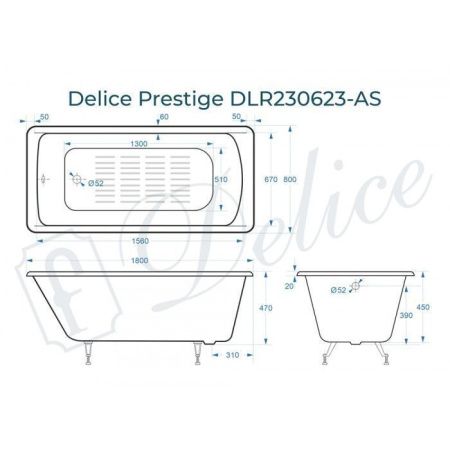 Ванна чугунная Delice Prestige DLR230623-AS 180х80 пристенная прямоугольная без ножек с антискользящим покрытием