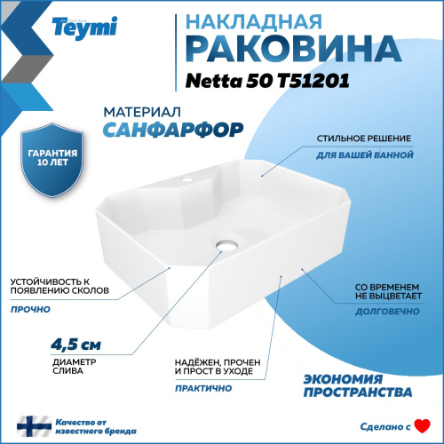 Раковина из сантехнического фарфора Teymi Netta T51201 50х37 накладная цвет белый - фото 2