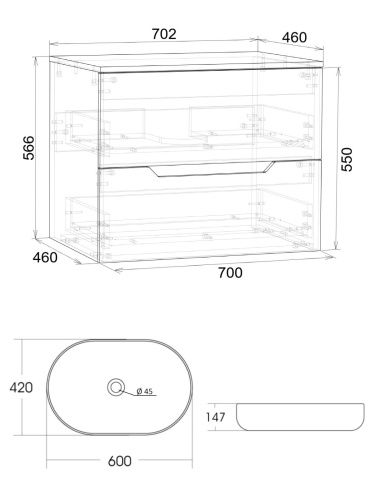 Тумба с раковиной Orange Line Li-70TubMDF+B04-600W 70х46х71 подвесная цвет черный матовый - фото 5