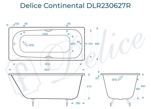 Ванна чугунная Delice Continental DLR230627R 180х80 пристенная прямоугольная без ножек с отверстиями под ручки - фото 3