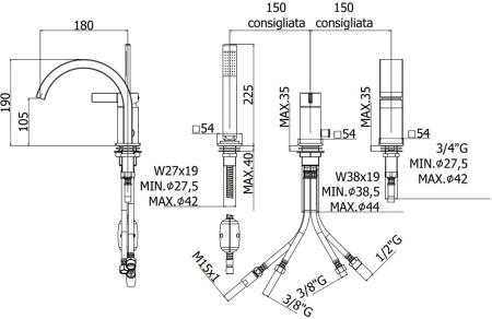 Смеситель Paffoni Rock RO040ST на борт ванны сталь