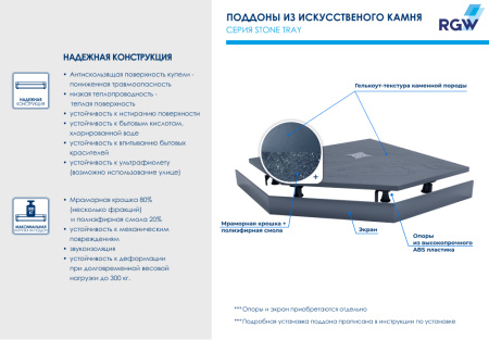Душевой поддон из искусственного камня RGW Stone Tray (Стоун Трей) 16155100-02 100х100 серый без ножек
