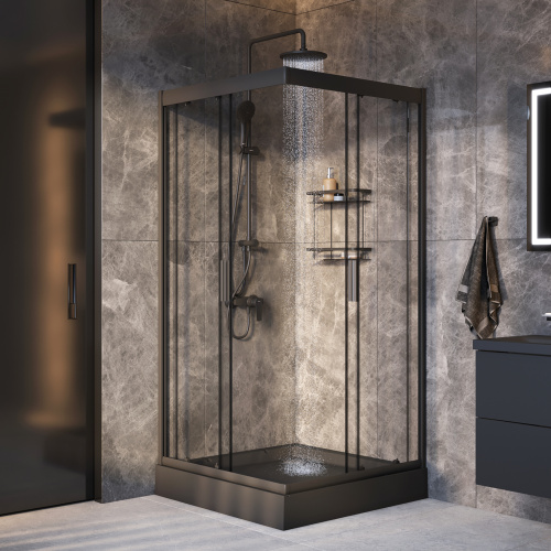 Комплект душевого уголка с душевой системой и аксессуарами Am.Pm Gem WK90EO стекло прозрачное профиль черный матовый без поддона - фото 3