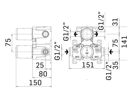 Внутренняя часть встраиваемого термостического смесителя для душа Mamoli Euclide 271000000027
