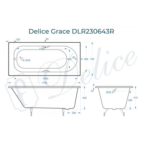 Ванна чугунная Delice Grace DLR230643R 170х70 пристенная прямоугольная - фото 2