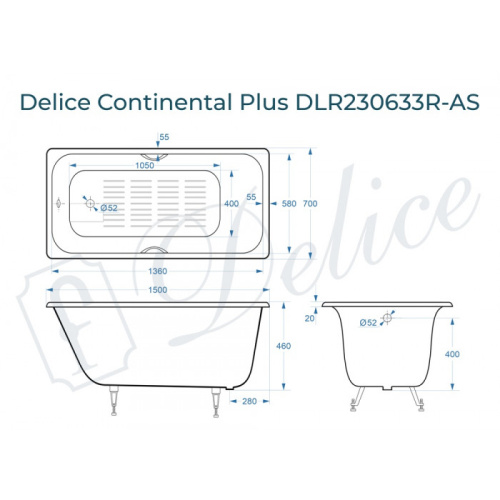 Ванна чугунная Delice Continental PLUS DLR230633R-AS 150х70 пристенная прямоугольная - фото 2