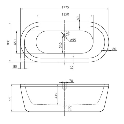 Ванна акриловая BelBagno BB12-1775 177,5х80,5 отдельностоящая овальная - фото 2