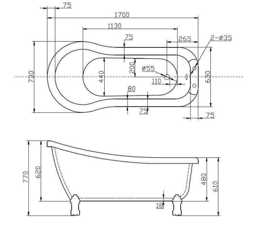 Ванна акриловая BelBagno BB20-1700 170х73 отдельностоящая полукруглая - фото 3