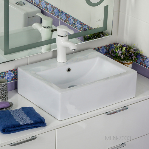 Раковина из сантехнического фарфора Melana 7033-805 53х42 накладная цвет белый 1 отверстие под смеситель - фото 4