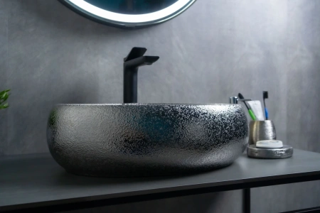 Раковина керамическая Gid Lago 52235 50х30 накладная цвет хром без отверстий под смеситель