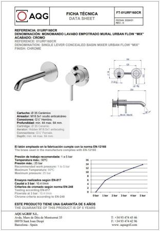 Смеситель для раковины AQG Urban Flow 01URF160CR встраиваемый в стену хром
