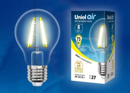 Лампа светодиодная филаментная Uniel AIR A (АИР А) LED-A60-8W/WW/E27/CL GLA01TR картон