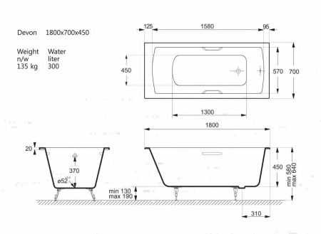 Ванна чугунная Vinsent Veron Devon VDV1807045H/VH0012BR 180х70 пристенная прямоугольная с ножками с ручками