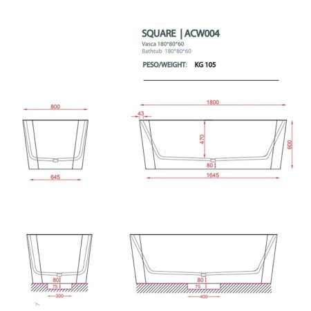 Ванна из искусственного камня Artceram Square ACW004 38 blu avio 180х80 встраиваемая прямоугольная
