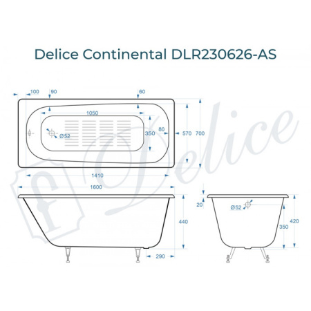 Ванна чугунная Delice Continental DLR230626-AS 160х70 пристенная прямоугольная без ножек с антискользящим покрытием