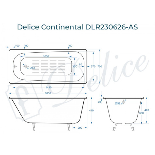 Ванна чугунная Delice Continental DLR230626-AS 160х70 пристенная прямоугольная - фото 2