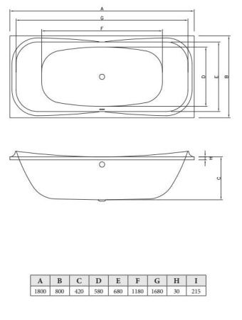 Ванна акриловая C-Bath CBQ013001 180х80 пристенная прямоугольная