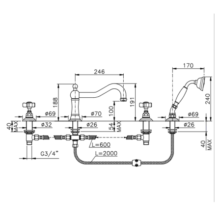 Смеситель Nicolazzi Dames Anglaises 1449CR18 на борт ванны хром