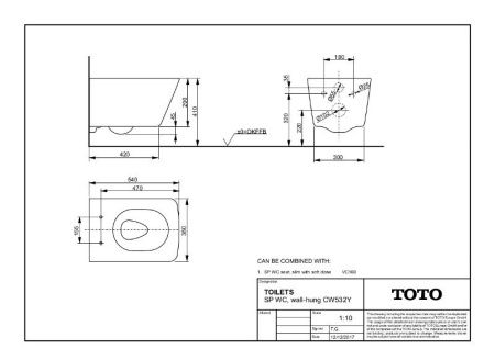 Чаша унитаза подвесная Toto CW532Y цвет белый без сиденья безободковая смыв торнадо