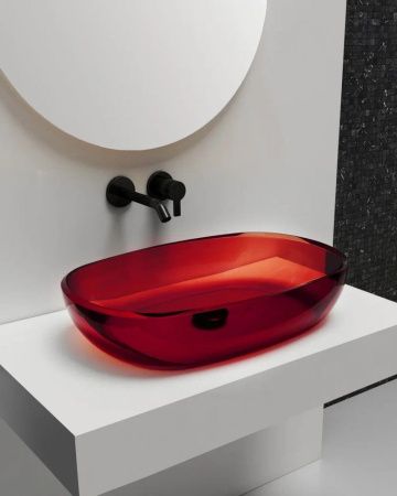 Раковина из полиэфирной смолы Abber KRISTALL AT2805Rubin 60х40 накладная цвет красный без отверстий под смеситель