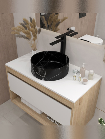 Раковина из сантехнического фарфора Teymi Lina T50183 36х36 накладная цвет черный мрамор без отверстий под смеситель