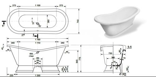 Ванна из литьевго мрамора Эстет Бостон ФР-00001046 180х74 отдельностоящая овальная - фото 5