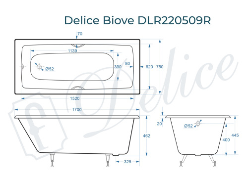 Ванна чугунная Delice Biove DLR220509R 170х75 пристенная прямоугольная без ножек с ручками - фото 3