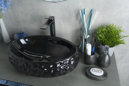 Раковина керамическая Gid Lago 52232 48х34 накладная цвет черный глянцевый без отверстий под смеситель