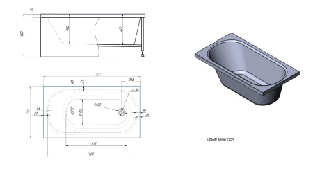 Ванна акриловая со шторкой TIMO ROHA ROHA1370-KT13-SPV1505-FP13S-T30 130х70 пристенная прямоугольная с каркасом