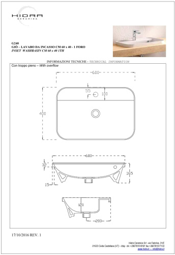 Раковина керамическая Hidra Gio G240/026 60х40 встраиваемая цвет черный матовый 1 отверстие под смеситель - фото 2