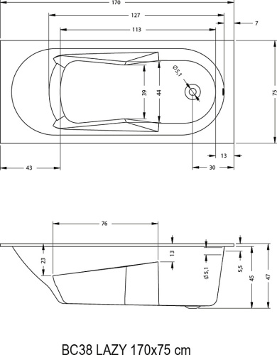 Ванна акриловая Riho LAZY B078001005 170х75 пристенная прямоугольная - фото 2