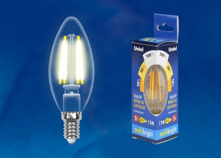 Лампа светодиодная филаментная Uniel Multibright (Мултибригхт) LED-CW35-5W/WW/E14/CL/MB GLM10TR картон