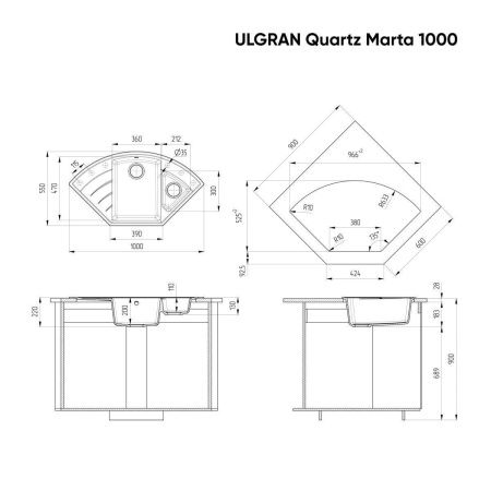 Кухонная мойка Ulgran Quartz Marta 1000-08 100х55 цвет черный