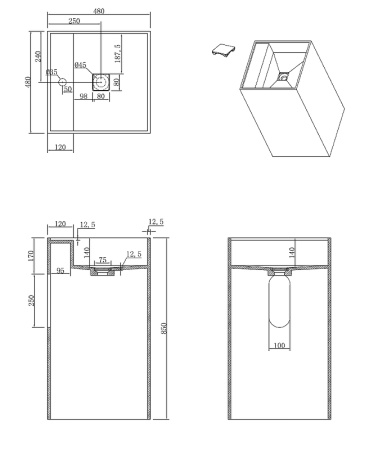 Раковина из искусственного камня Boheme Cube 802-NM 48х48 напольная цвет черный мрамор