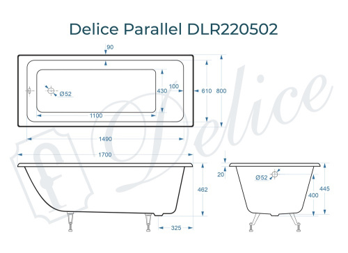 Ванна чугунная Delice Parallel DLR220502 170х80 пристенная прямоугольная без ножек - фото 3