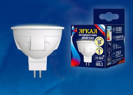 Лампа светодиодная диммируемая Uniel LED-JCDR 6W/WW/GU10/FR/DIM PLP01WH картон