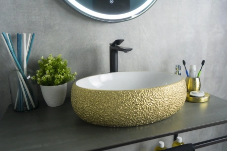 Раковина керамическая Gid Lago 52219 50х30 накладная цвет белый/золото без отверстий под смеситель