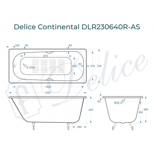 Ванна чугунная Delice Continental DLR230640R-AS 120х70 пристенная прямоугольная - фото 2