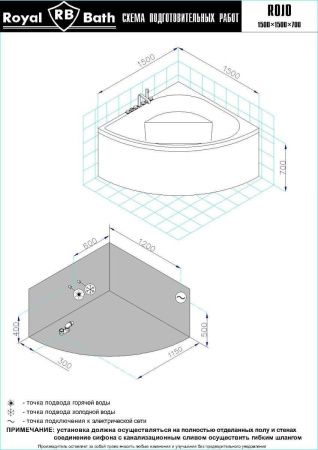 Ванна акриловая Royal Bath ROJO RB375201CO 150х150 угловая четверть круга с каркасом