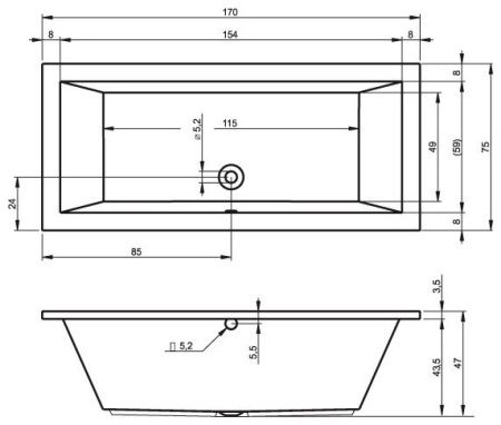 Ванна акриловая Riho LUSSO B007001005 170х75 пристенная прямоугольная без ножек