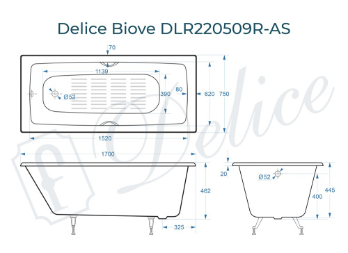 Ванна чугунная Delice Biove DLR220509R-AS 170х75 пристенная прямоугольная без ножек с ручками - фото 3