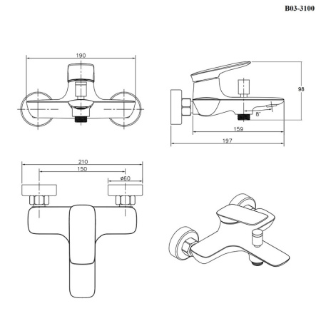 Смеситель для ванны Bond Cube B03-3100 настенный хром глянцевый