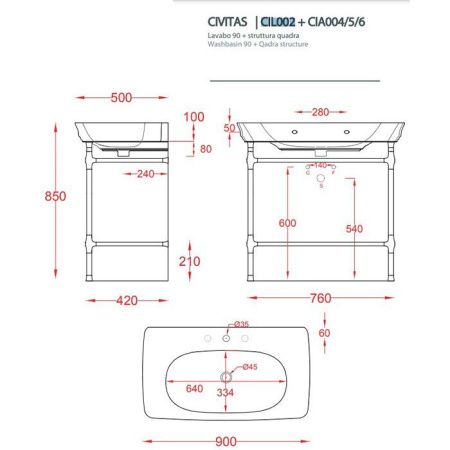 Раковина керамическая Artceram CIVITAS CIL002 01 00 *1 90 см подвесная цвет белый 1 отверстие под смеситель