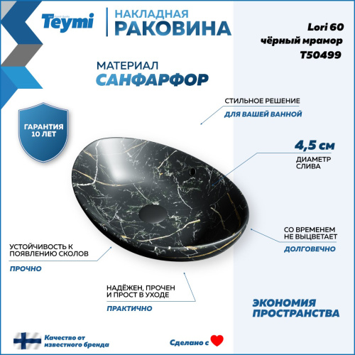 Раковина из сантехнического фарфора Teymi Lori T50499 59х39 накладная цвет черный - фото 2