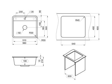 Кухонная мойка Granula Стандарт 5601, ГРАФИТ 56х50 цвет графит поверхность матовая