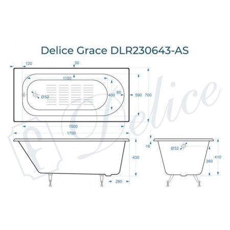 Ванна чугунная Delice Grace DLR230643-AS 170х70 пристенная прямоугольная без ножек с антискользящим покрытием