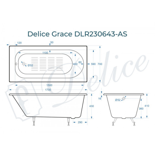 Ванна чугунная Delice Grace DLR230643-AS 170х70 пристенная прямоугольная - фото 2