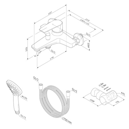 Смеситель для ванны и душа Am.Pm Gem F90A15000 настенный хром