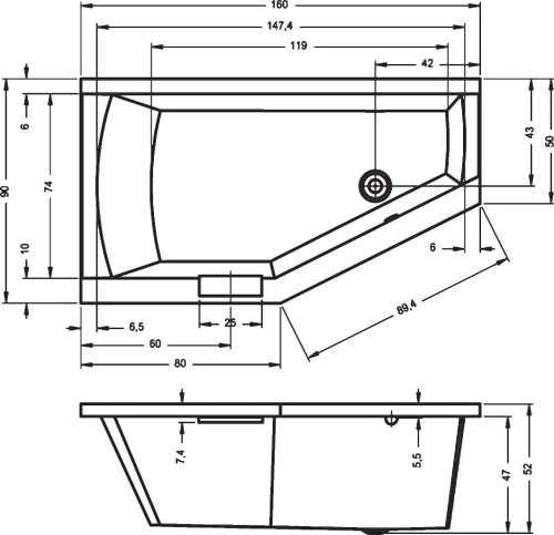 Ванна акриловая Riho GETA B029001005 160х90 пристенная асимметричная - фото 2